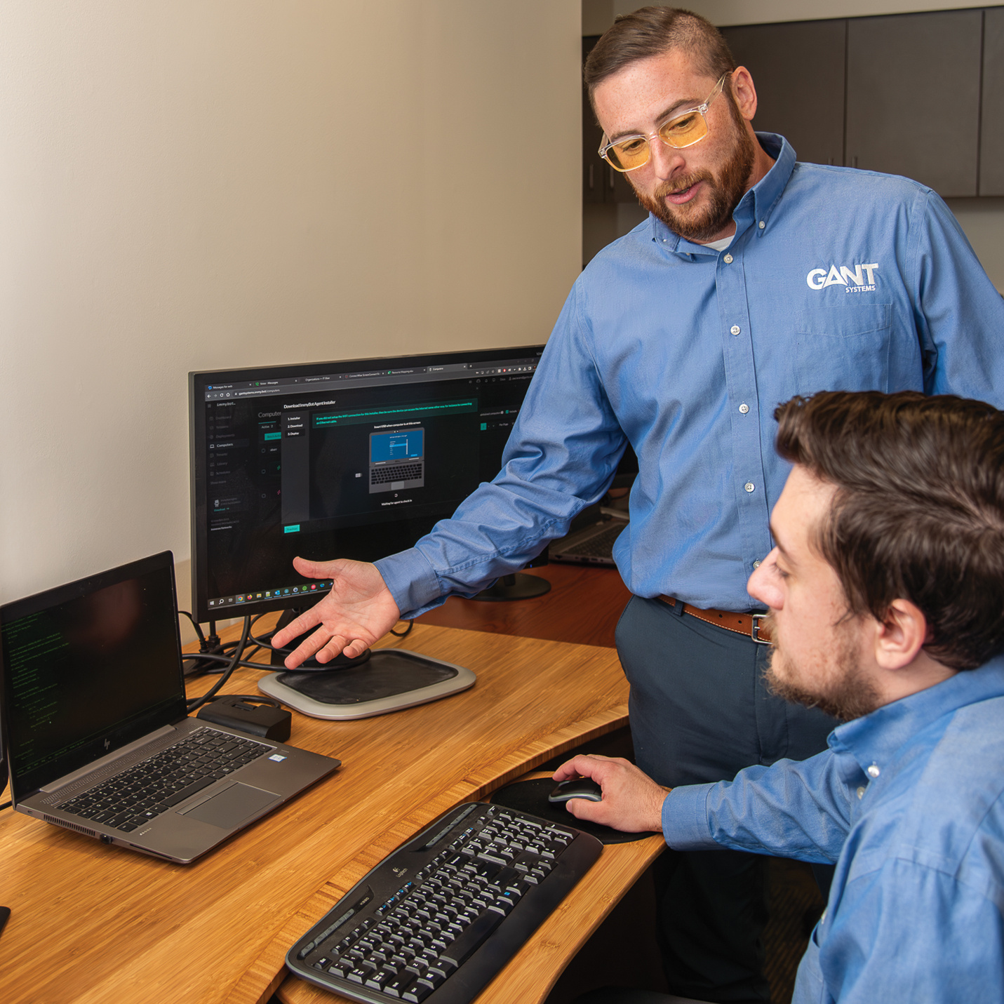 gant IT professionals looking at computer screen one standing and gesturing to screen 